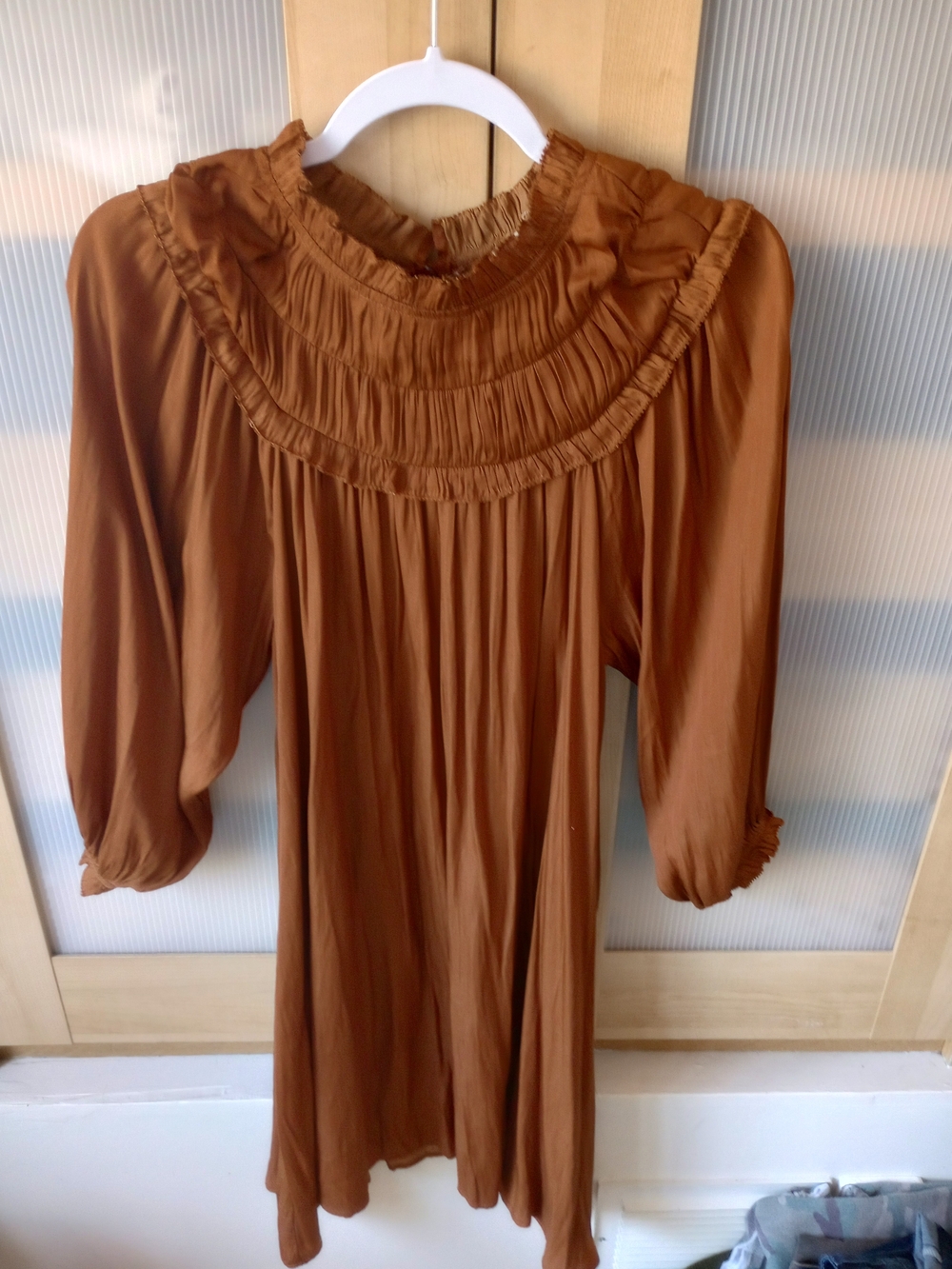 Ruffled Yoke Casual Dress in Caramel Brown